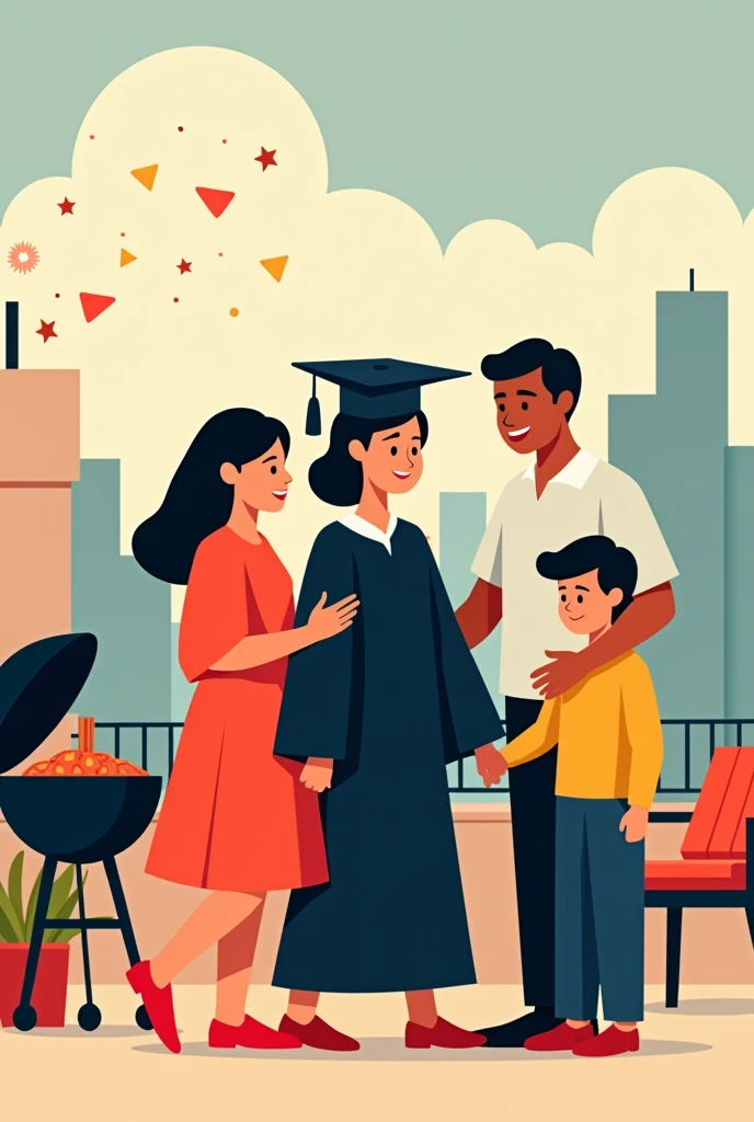 Poster of a family celebrating at a barbecue on the occasion of a family member's graduation, Make the characters abstract so that their faces are not visible and the barbecue is on a rooftop, The graduate is a 22-year-old woman, have him appear in cap and gown