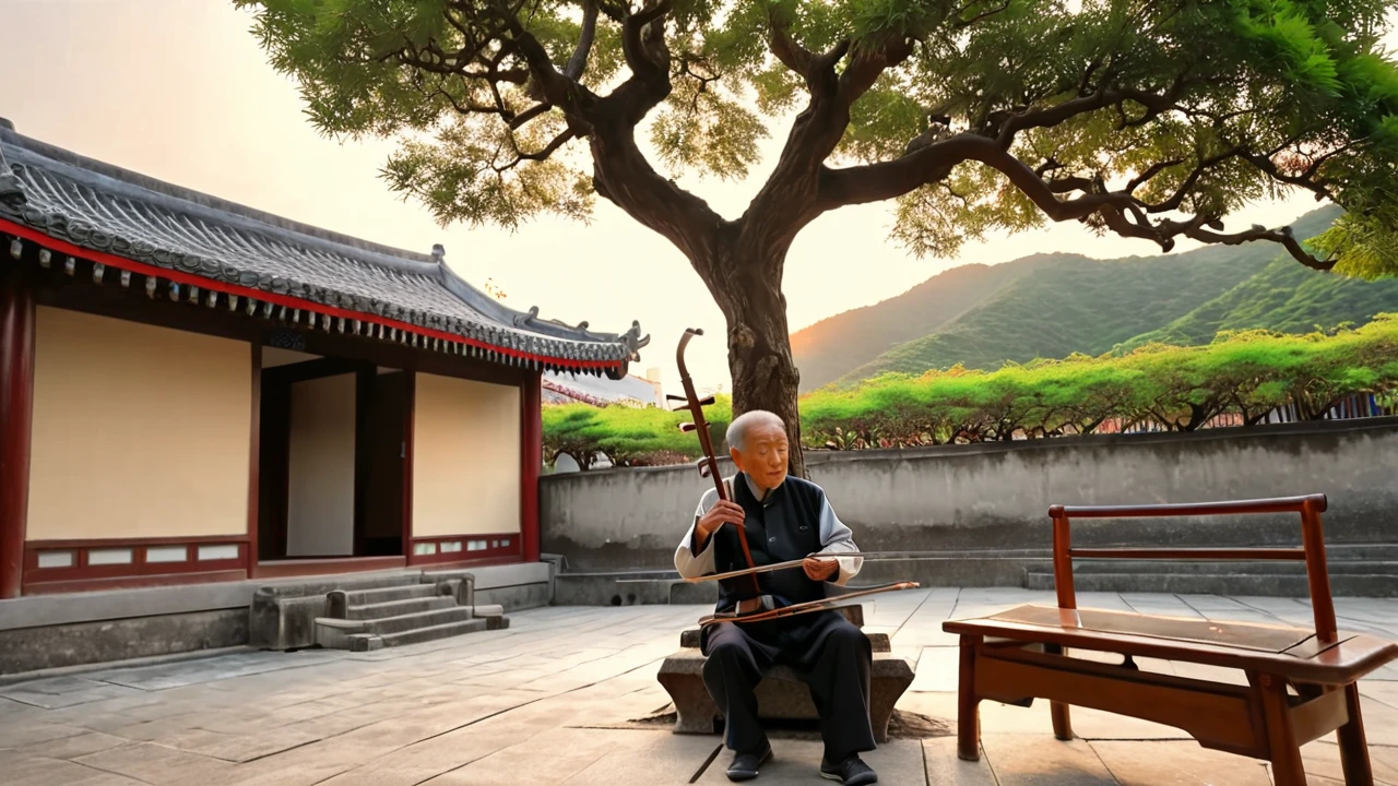 masterpiece, high quality animation, hyper-realistic aesthetic photo, (HDR:1.2), pore and detailed, intricately detailed, graceful and beautiful textures, RAW photo, 16K, sharp focus, cinematic lighting, (vivid colors), (crisp details), (Kaohsiung traditional courtyard), (wooden bench), (elderly man playing erhu), (children playing nearby), (sunset atmosphere), (large tree), (sky)