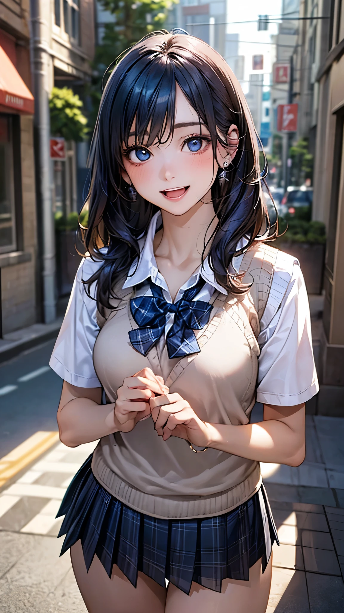 (masterpiece:1.2, top-quality), (realistic, photorealistic:1.4), beautiful illustration, (natural side lighting, movie lighting), depth of fields, nsfw,
beautiful detailed hair, beautiful detailed face, beautiful detailed eyes, beautiful clavicle, beautiful body, beautiful chest, beautiful thigh, beautiful legs,
looking at viewer, 1 girl, 12 years old, (perfect anatomy, anatomically correct, super detailed skin), cute and symmetrical face, perfect face, perfect eyes,
(long hair:1.5, hair intakes:1.4, blue hair), bangs, blue eyes, big eyes, long eye lasher, (medium breasts, seductive thighs), perfect body, shiny skin, pink skin,
(detailed cloth texture, break short sleeve white collared shirt, break (khaki knit vest), break navy pleated skirt, break (cobalt blue plaid bow tie)), break
(beautiful scenery), evening, (street), standing, (lovely smile, open mouth slightly),