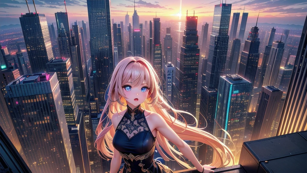 (upper body, beautiful dress), (best quality, masterpiece, high quality, 1girl, solo, (upper body, beautiful dress), illustration, beautiful detailed girl, beautiful detailed glow, beautiful detailed eyes, highres, detailed, high resolution illustraion, ultra-detailed, detailed background, beautiful detailed face), ((background: Generate a 3D banner image showcasing a futuristic cityscape at sunset. Incorporate realistic textures and lighting effects to emphasize the depth and realism of the scene. Highlight tall skyscrapers, neon lights, and flying vehicles, creating a sense of awe and wonder.))