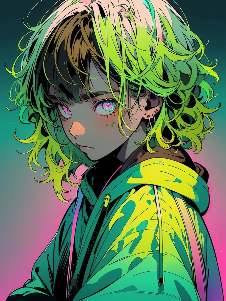 1girl, solo, solo focus, cowboy shot, portrait, oversized hoodie, aqua green and white hoodie, half aqua, half green, ((brown hair)), (yellow hair), (gradient hair :1.5), curly hair, ((pink eyes)), hyperdetailed eyes, tan, (caramel dark skin:1.1), best quality, ultra-detailed, white background, simple background