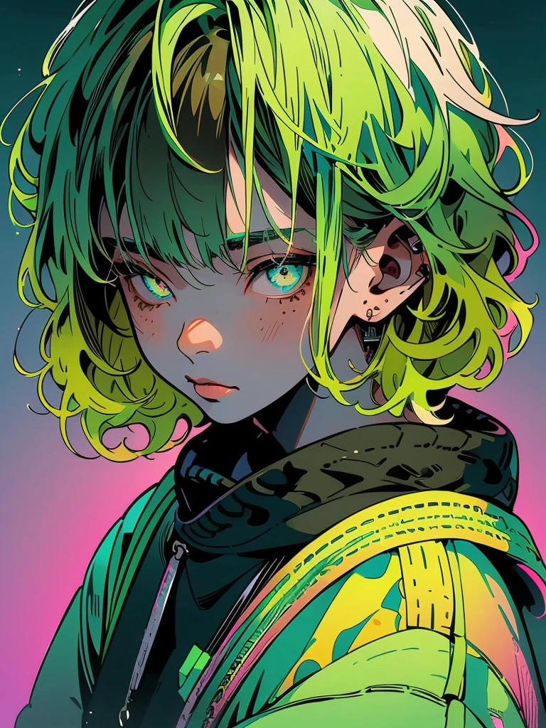 1girl, solo, solo focus, cowboy shot, portrait, oversized hoodie, aqua green and white hoodie, half aqua, half green, ((brown hair)), (yellow hair), (gradient hair :1.5), curly hair, ((pink eyes)), hyperdetailed eyes, tan, (caramel dark skin:1.1), best quality, ultra-detailed, white background, simple background