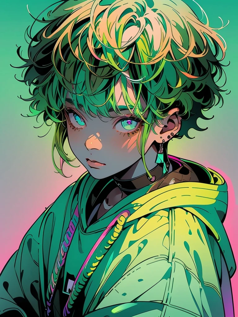 1girl, solo, solo focus, cowboy shot, portrait, oversized hoodie, aqua green and white hoodie, half aqua, half green, ((brown hair)), (yellow hair), (gradient hair :1.5), curly hair, ((pink eyes)), hyperdetailed eyes, tan, (caramel dark skin:1.1), best quality, ultra-detailed, white background, simple background