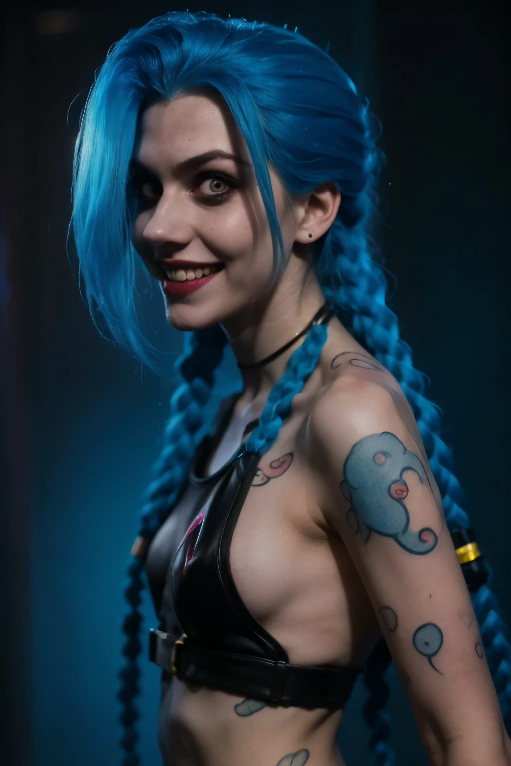 Hyper realistic super detailed Jinx cosplay ,(( Young girl, 15 years old)) , Very detailed, (hyper realistic: 1.4), in dynamic fight pose, ((angry face)) , twin braids, long hair, blue hair, red eyes, (((blue tattoo on arm))) , ((skinny body)) , (((psycho face, creppy smiling) )), arcane style. ((Grunge Neon grafitti background, cinematic lighting)).