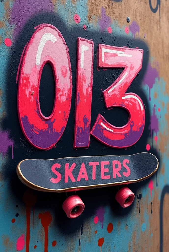 A written graffiti "013 skaters" with the skateboard symbol with the colors, red purple and black

