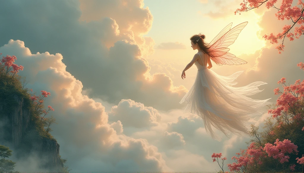 1 Chinese Fairy Flying Over the Clouds, Flowers and running water, The Sacred Realm of the Gods, Paradise in the Mist!!!!!!!!, Holy Light, Super Detail, esoteric equation heaven, thrilling, Amazing Art, Everything floating in the sky, Futurism, high resolution, --No boats