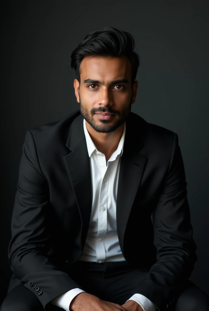 In a dark room, a young man sits confidently wearing a black blazer and white shirt. styled like a hero. The lighting is cinematic, casting a soft shadow on his face, creating a professional LinkedIn business profile look. Solid dark grey background, urban look. Age: 26, Bangladeshi