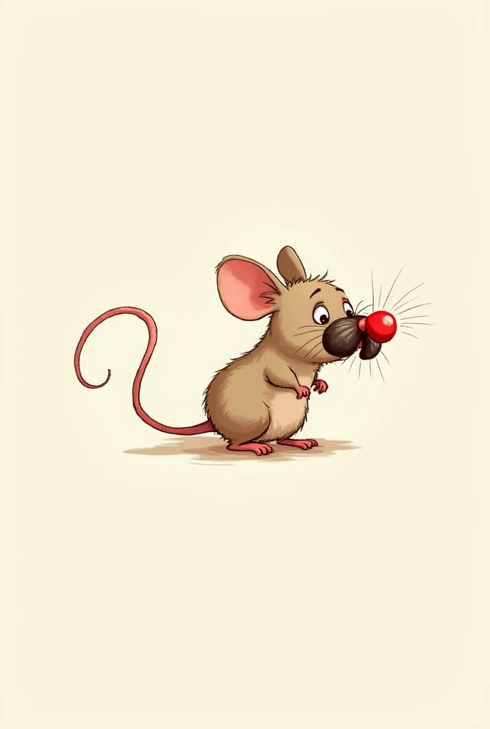 Drawing of a light brown mouse that is sneezing and upset, has a red nose, the curled tail and shrunken mustache. 
