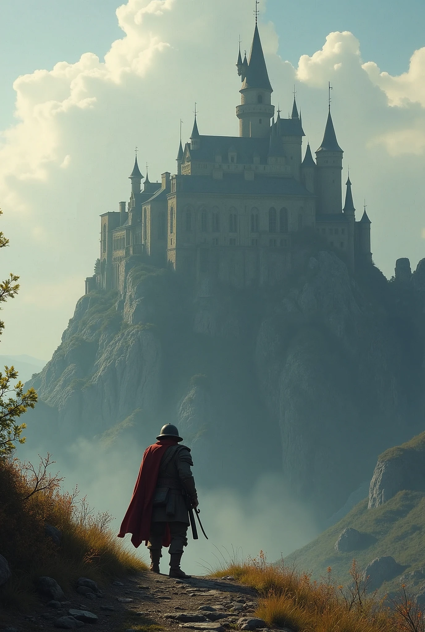 Soldier standing holding his gun, advances towards a giant castle on top of the hill