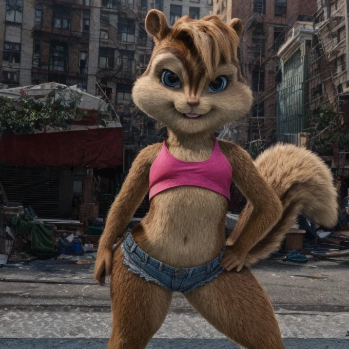score_9, score_8_up, score_7, score_6, New York City, brittany miller, chipmunk, furry, short ears, pink tank top, jean shorts, looking at viewer , 6 inches tall,