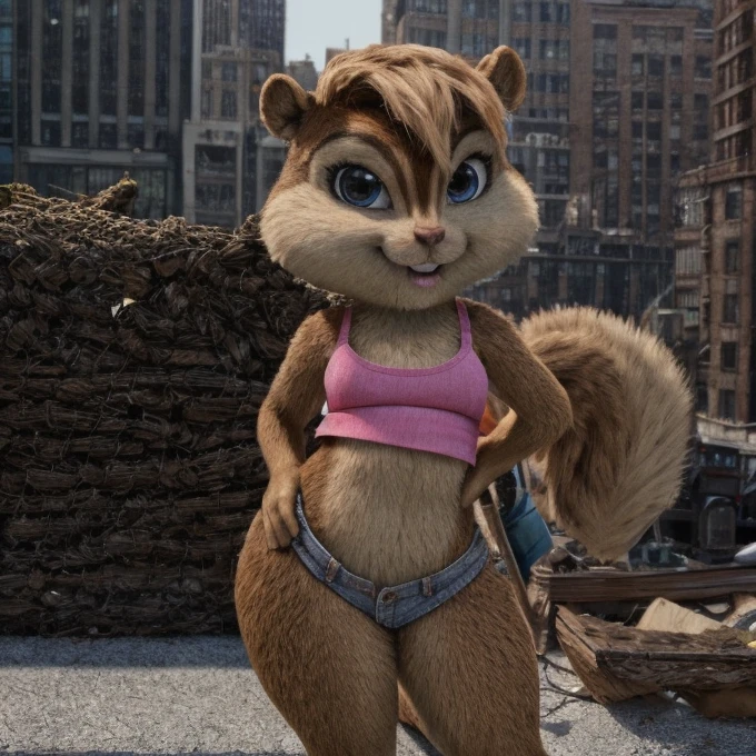 score_9, score_8_up, score_7, score_6, New York City, brittany miller, chipmunk, furry, short ears, pink tank top, jean shorts, looking at viewer , 6 inches tall,