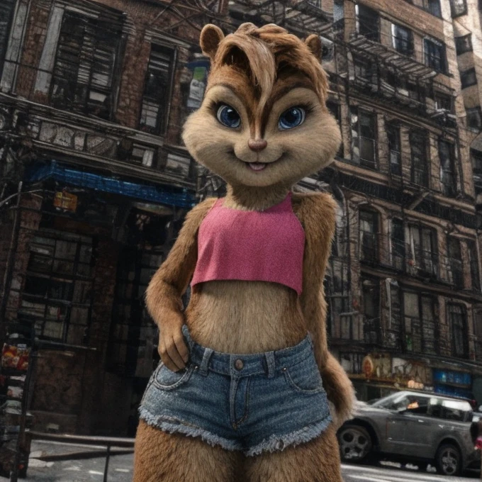 score_9, score_8_up, score_7, score_6, New York City, brittany miller, chipmunk, furry, short ears, pink tank top, jean shorts, looking at viewer , 6 inches tall,