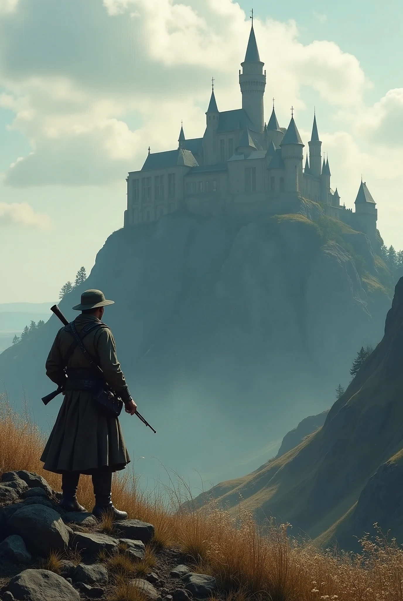Soldier standing holding his gun, advances towards a giant castle on top of the hill