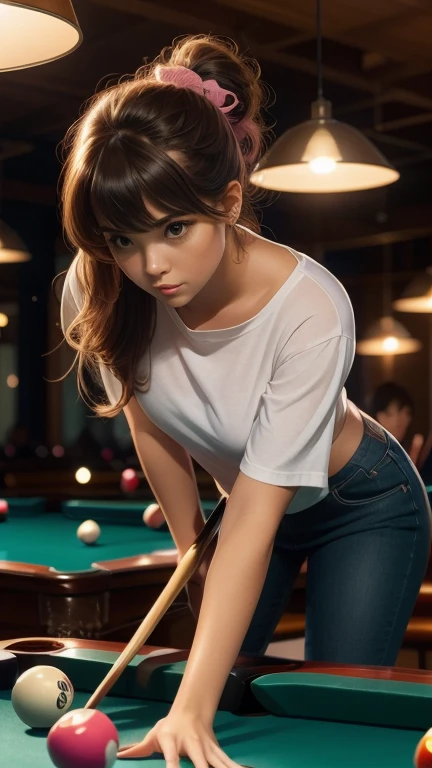 Create a highly detailed and photorealistic image of a young woman who is 1.75 meters tall, weighs 80 kilograms. She has a sporty build with moderate size breasts and pink long hair with streaks, styled in a more controlled,wavy cut. Attached in a loose ponytail on the side. She is leaning forward intently over a green pool table in a modernly styled, dimly lit billiards hall, aiming her shot. She wears casual, modern clothing, specifically tight-fitting jeans and an oversized sheet white t-shirt, very large neck opening, letting a peek at her breasts. The setting includes modern overhead lighting and a background filled with other players observing the game. Hold a billiard queue. Playing billiard. Ready tobhit the ball. Leaning on the table with intent to play billiard.