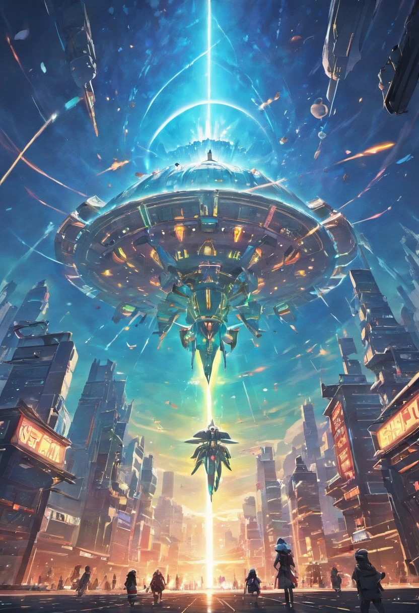 Giant spaceship releasing small capsules towards the planet to be invaded spectacular view explosion impact clouds capsules aliens towards the city beautiful landscape, at noon to be enveloped in chaos and death