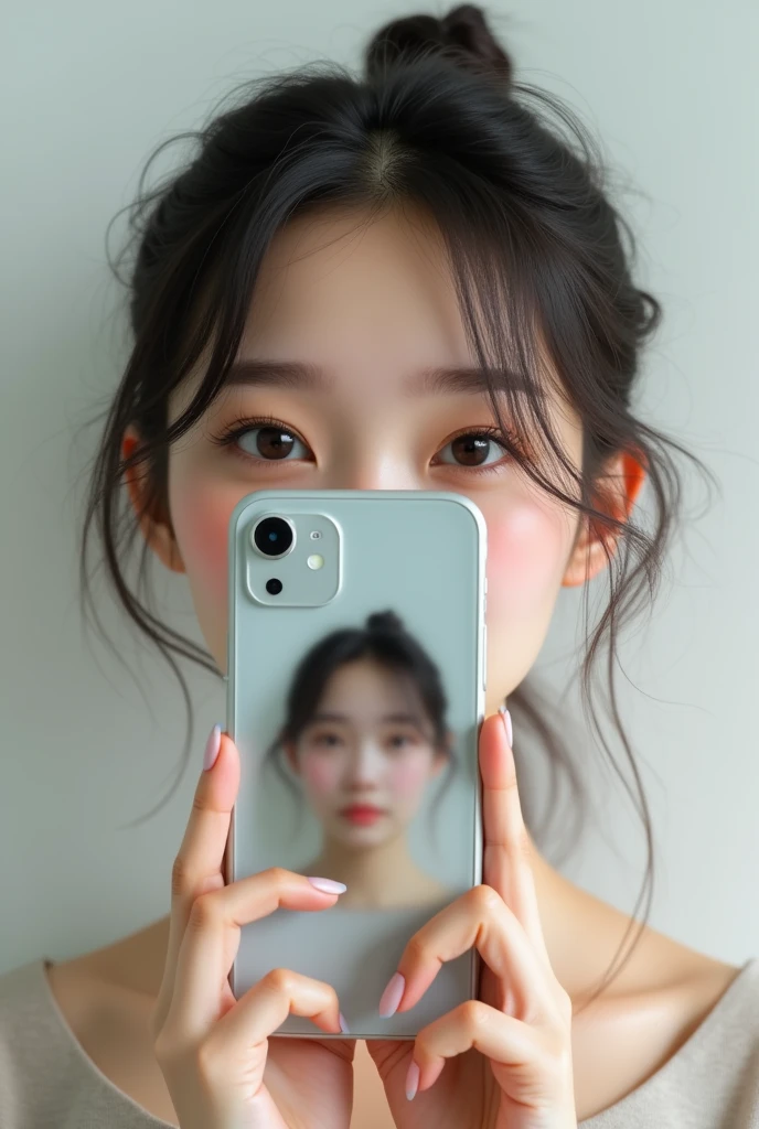 Make mirror photo holding phone front of face of girl pfp make it real 4k