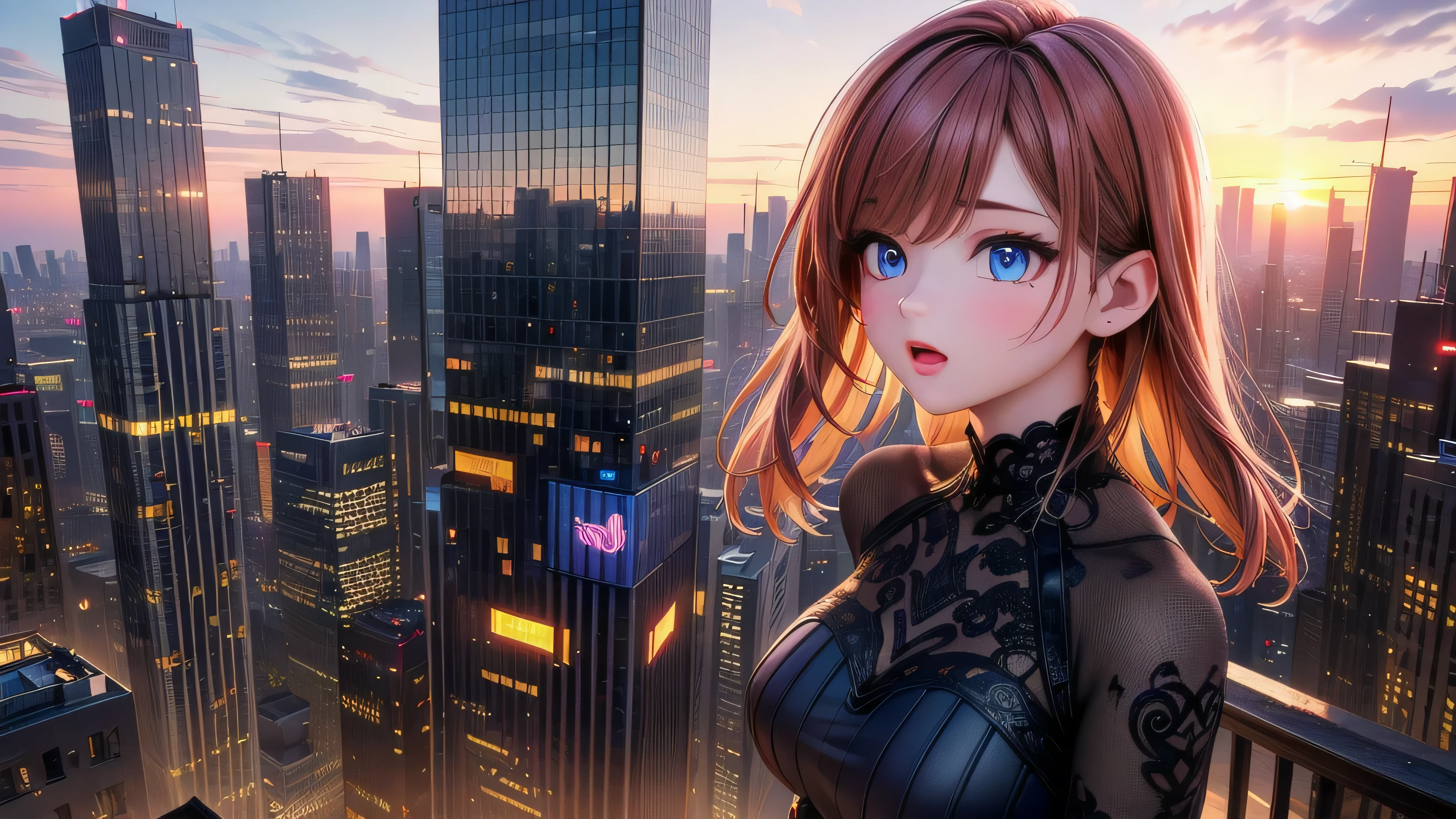 (upper body, beautiful dress), (best quality, masterpiece, high quality, 1girl, solo, (upper body, beautiful dress), illustration, beautiful detailed girl, beautiful detailed glow, beautiful detailed eyes, highres, detailed, high resolution illustraion, ultra-detailed, detailed background, beautiful detailed face), ((background: Generate a 3D banner image showcasing a futuristic cityscape at sunset. Incorporate realistic textures and lighting effects to emphasize the depth and realism of the scene. Highlight tall skyscrapers, neon lights, and flying vehicles, creating a sense of awe and wonder.))