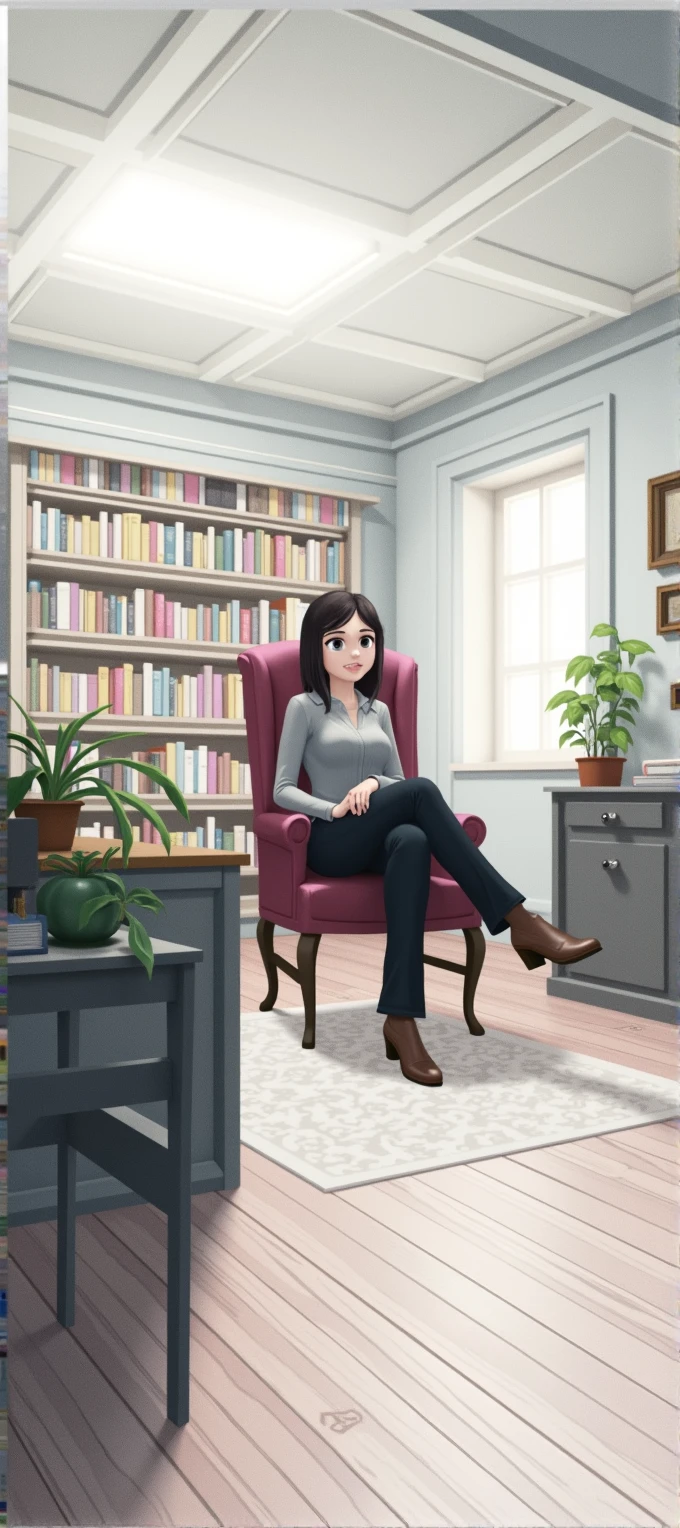 Character sitting on a chair in an old study room with a bookcase behind