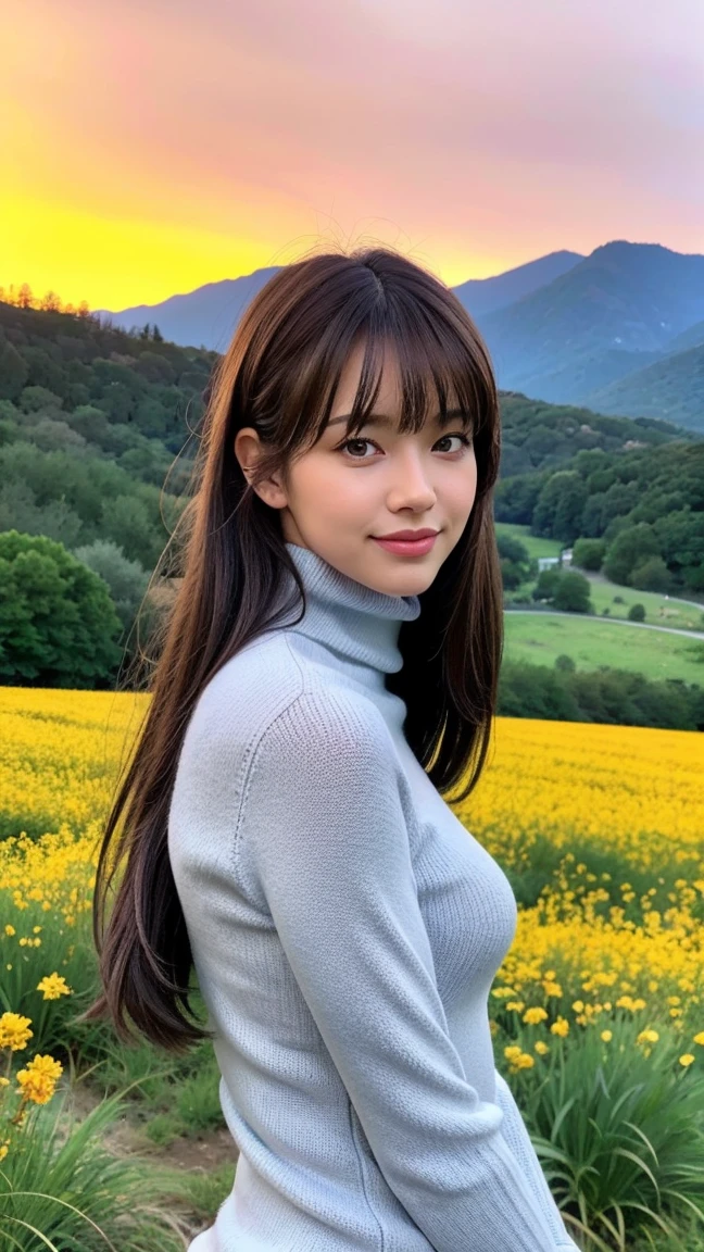 ((masterpiece)), ((Best Quality)), (high quality), ultra high resolution, (High detail), ((intricate detaild)), A woman, solo girl, better lighting, side lighting, natural lighting, High dynamic range, beautiful and aesthetic, (perfect body), ((narrow waist, Wide hips)), sexy smile, looking at the viewer, detailed face, shiny skin, oiled skin, adult girl, A woman, maduro, huge chest, (big chest), good ass, attractive body, the best anatomy, ((rubio, rubio long straight hair with bangs)), (blue eyes), (((Turtleneck Mini Sweater Dress, black long sleeve sweater dress))), standing, seductive, little smile, sexy smile, realist lighting, exterior, afternoon, ((Meadow full of flowers)), ((Beautiful landscape, views of the sky and mountains, red sky in the afternoon, realist background)), face detail, the best background, ((background detail)), ((background realist)), 8k, 16k, the best resolution, Ultra-high detail, the best image, the best image, face detail, detail hands, (detail of arms), ((Detailed anatomy)), the best anatomy, perfect anatomy, (finger detail), finger details, nail detail, body detail, detail footrnas, the face of better proportion, the best arms, (((from the front))), the hands with the best proportion, The best fingers, the best nails, detail foot, perfect nails, nail detail, the best belly button, The best model, ((increase quality)), detail all proportion, intricate detail, best proportion pose, the best arms de proporción, The best fingers de proporción, the best nail proportions, fingers realist, nail realist, arms realist, legs realist, Detailed anatomy, look at the viewer, (realist:1.3), photorealist, Photography, intricate ultra detailed, perfect all proportion, pose sexy, absurd resolution, HdR, arrange , cinematographic film, exclusive, RECRUITMENTS-Set, elegant, vivid color, the best image, realist visual