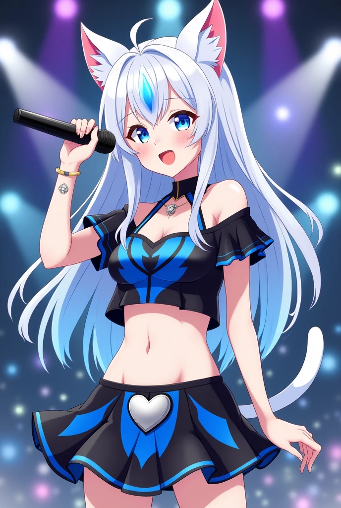 A drawing of a magical girl with anime aesthetics,  smiling, who is an idol with long white hair and cat ears and tail, wearing a short skirt and a modern top with her belly exposed and showing some skin, with a microphone in his hand singing, The dress is very striking and colorful in blue and black tones, It&#39;s a battle dress. The ears and tail are white., and the hair has soft light blue highlights, On her neck she has a necklace with a silver heart-shaped plate,  In the background there are lights and sparkles as if I were at a concert.
