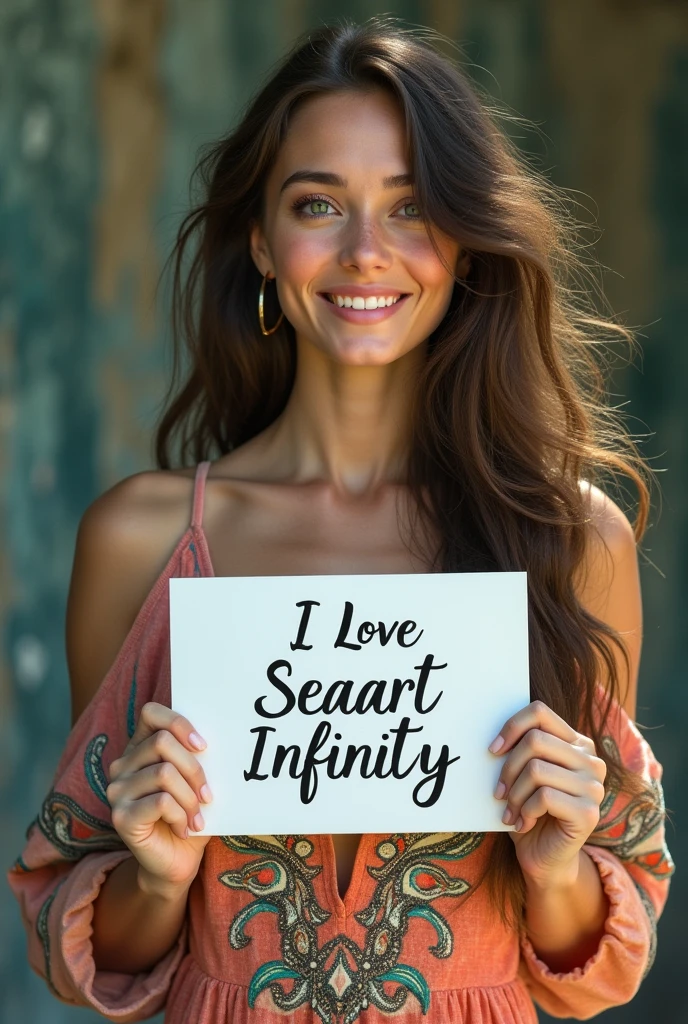 Beautiful girl with wavy long hair, bohemian dress, holding a white board with text "I Love Seaart Infinity" and showing it to the viewer