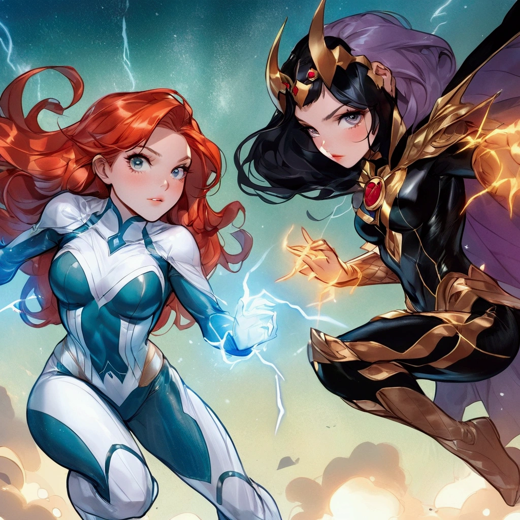a close up of two women in superhero costumes with lightning, j scott campbell, zenescope, textless, j. scott campbell, inspired by Daphne Allen, artgerm and lois van baarle, starfire, kda, jen bartel, ivy, by Juan O'Gorman, artgerm and genzoman, sirens, dinah drake