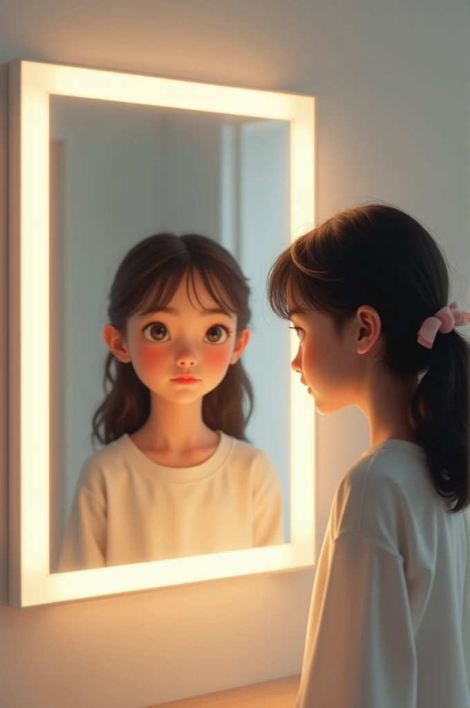 Girl looking at herself in a mirror mounted on the wall, white mirror with warm lights