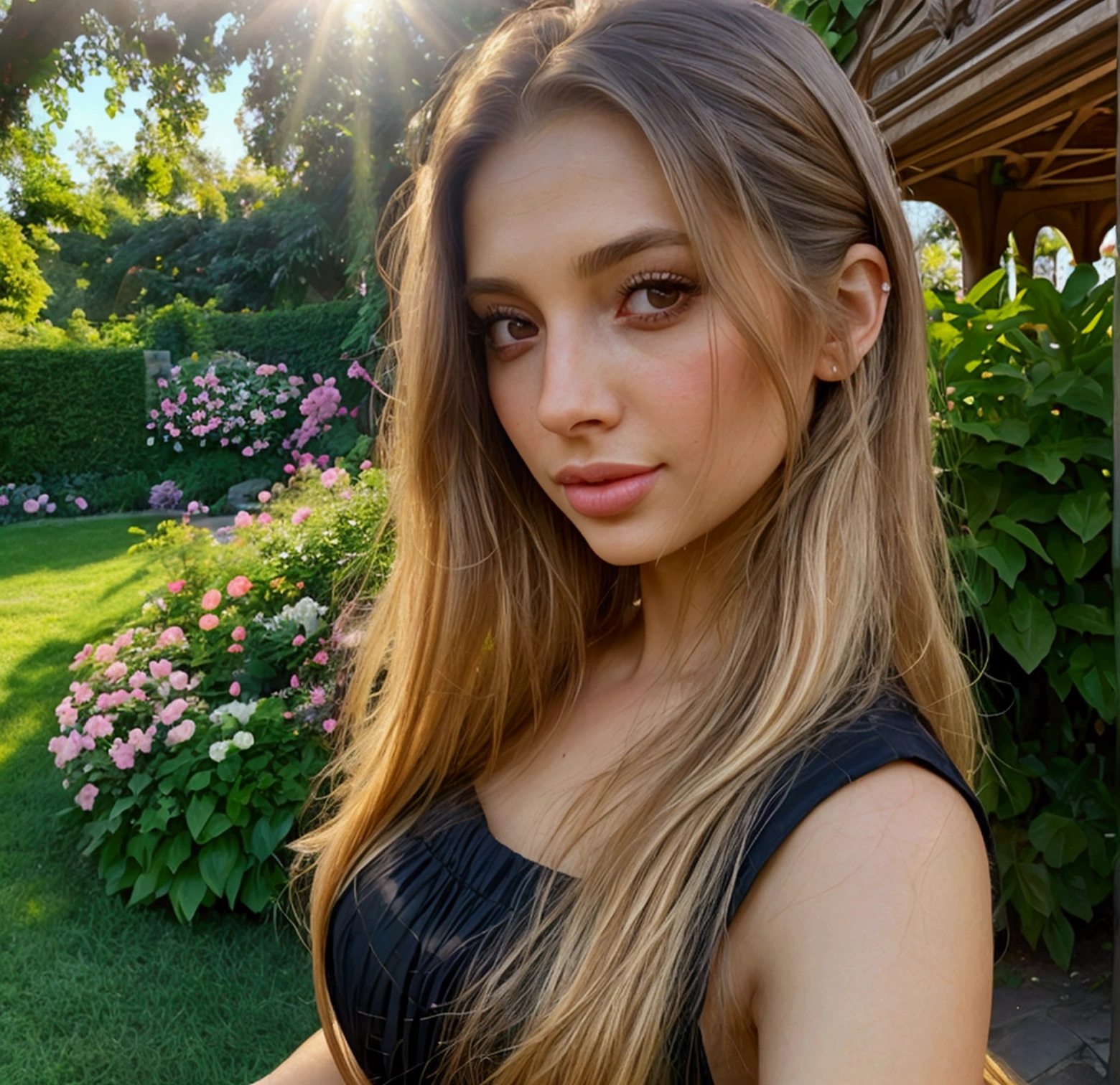 beautiful woman in a black dress, in a garden, long flowing hair, detailed face, detailed eyes, detailed lips, elegant pose, serene expression, beautiful flowers, sunlight, lush greenery, intricate details, photorealistic, highly detailed, cinematic lighting, vibrant colors, masterpiece