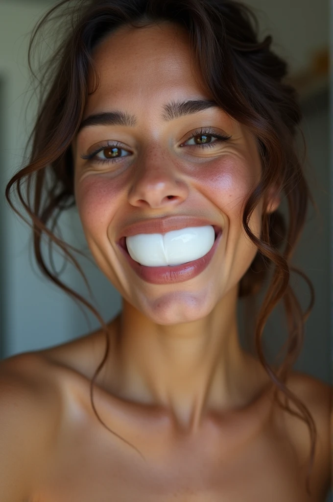 The naked girl has white pussies in her mouth.