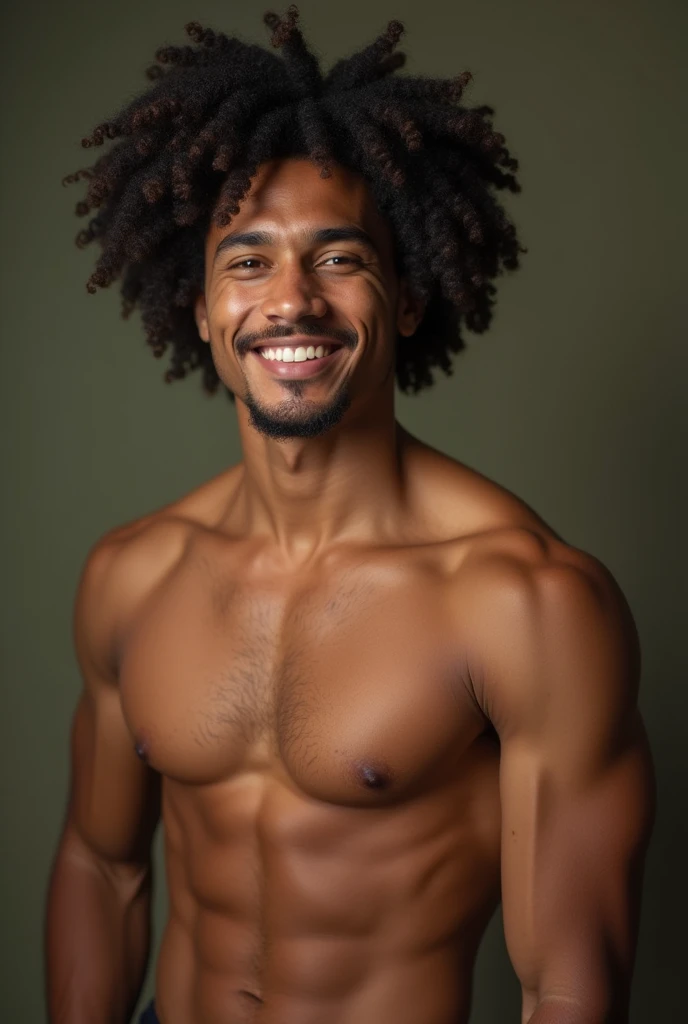 Handsome man with curly hair,he has Indian looking,he has fairy skin,he has green colour eyes,his face has jaw lines,he is smiling ,he has big muscles in his chest ,arms and legs.
He has big dick
