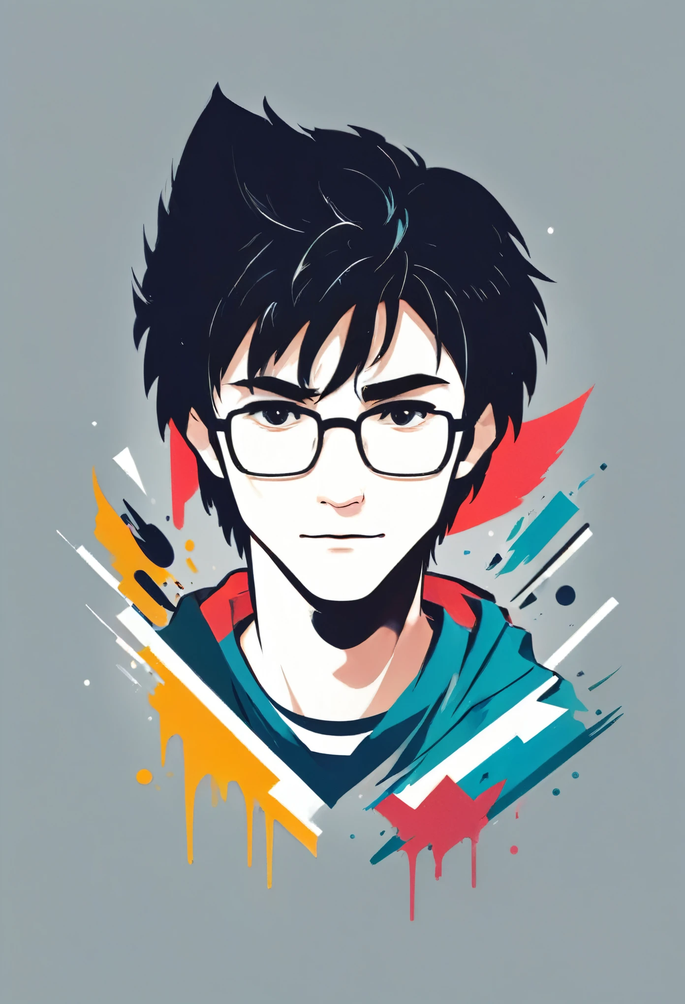 Illustration of a character with a face to harry potter, T-shirt design, in bold outline style, jagged edges, light shading, best quality, 4k, 8k, top-notch image quality, maximum four colors, high resolution, detailed, angular, modern, striking composition, elegant lines, contrast lighting, cool color palette, precise details, creative design, highly stylized, attention-grabbing concept, artistic vision, Unique Pattern, abstract elements, geometric shapes, playful interpretation, sophisticated aesthetics, sharp lines, dynamic movement, expressive strokes, fluid shapes, textured background, attractive typography, artistic flair
