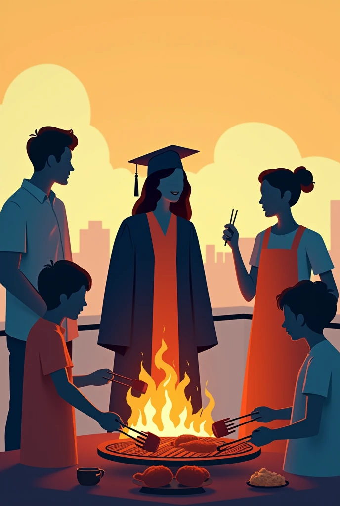 Poster of a family celebrating at a barbecue on the occasion of a family member's graduation, Make the characters abstract so that their faces are not visible and the barbecue is on a rooftop, The graduate is a 22-year-old woman, have him appear in cap and gown.