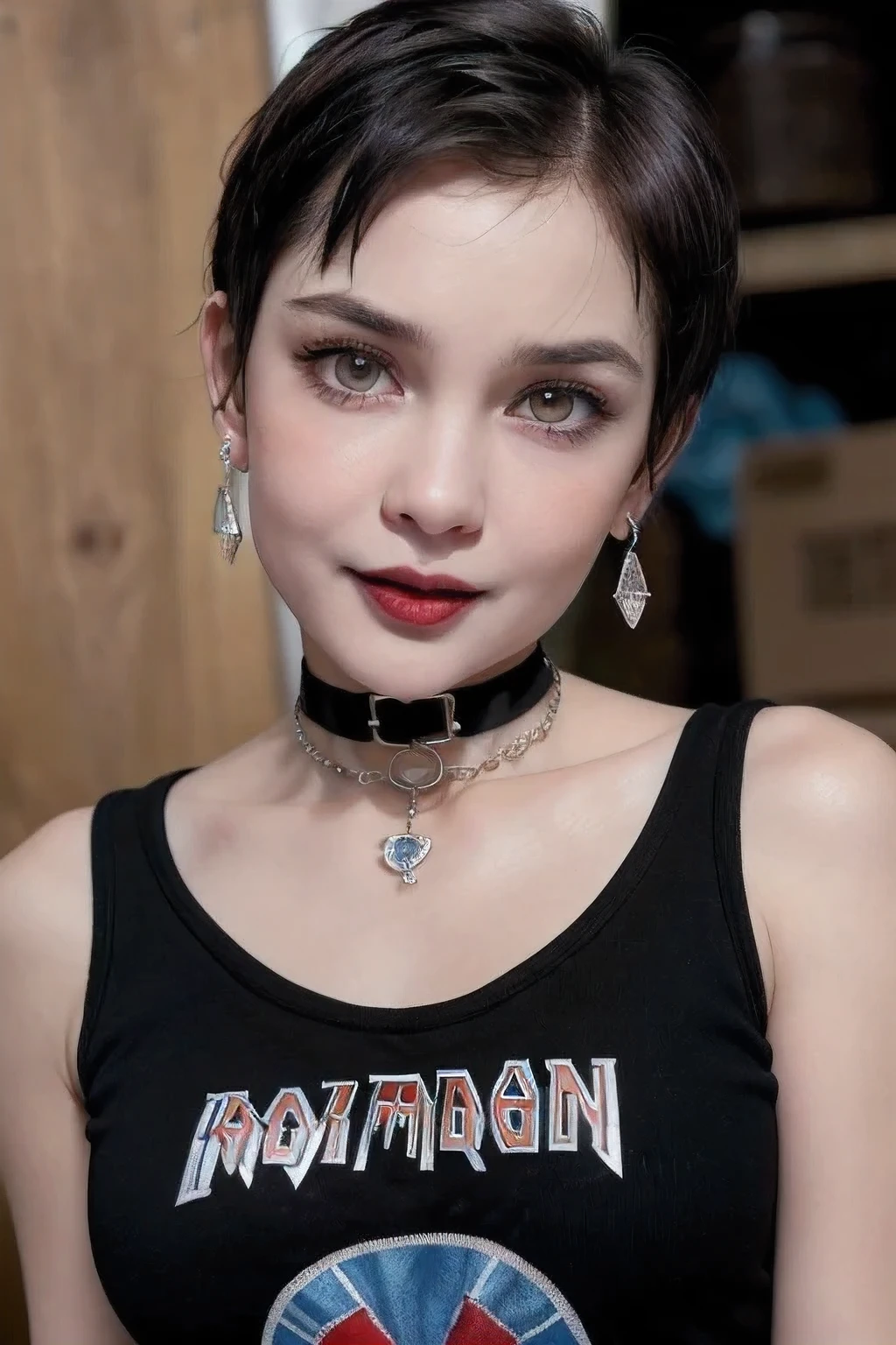 ((Long diamond earrings:1.2)), ((NECK CHOKER)), ((GOTHIC BLACK EYELASHES & LIPS)), ((BLACK LIPS)), ((shorthaircut:1.3)), adorable, 1 girl, (face to face), 10 years old, baby face, happy, half body portrait, (face details: 1), (eye details: 1), ((tiny breasts)). ((croptank "IRON MAIDEN" logo)), ((net stockings)), lingerie 