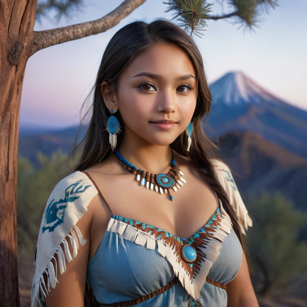 (grainy:0.5), cinematic, beautiful girls 25 year old native american,fantasy,(solo:1.3), detailed brown eyes, detailed face, detailed native american sexy clothing, volumetric lighting, dusk, extremely detailed background, standing next to tree and mountain, smiling, half closed brown eyes, tilted head, from side, sitting next to her American Robin