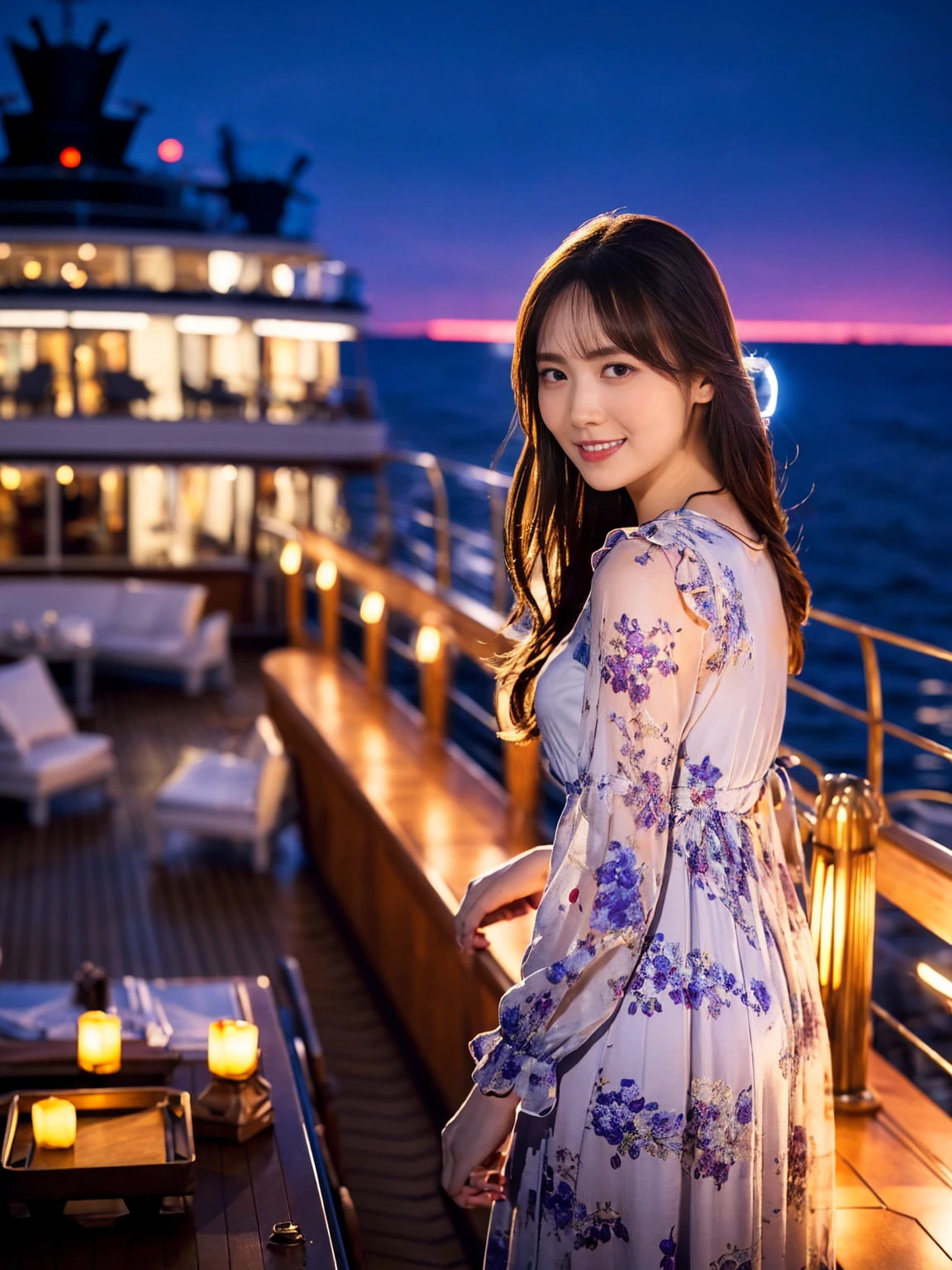 ((Tabletop:1.4, highest quality)), (Realistic photos:1.4),
((1 girl)), (Beautiful actress), (dream-like),
(超High resolution:1.2), Very delicate and beautiful, wonderful, Very detailed CG Unity 8k wallpaper, Very detailed, High resolution,
Soft Light, Beautiful detailed girl, Very detailedな目と顔, Beautiful and exquisite nose, Beautiful and exquisite,
(Long dress:1.3),
Cinema Lighting, Perfect Anatomy, Slender body, Cowboy Shot, Looking at the camera, Old-fashioned smile,
(A glamorous on the deck of a luxury cruise ship:1.3), (Night view), (Night lighting)