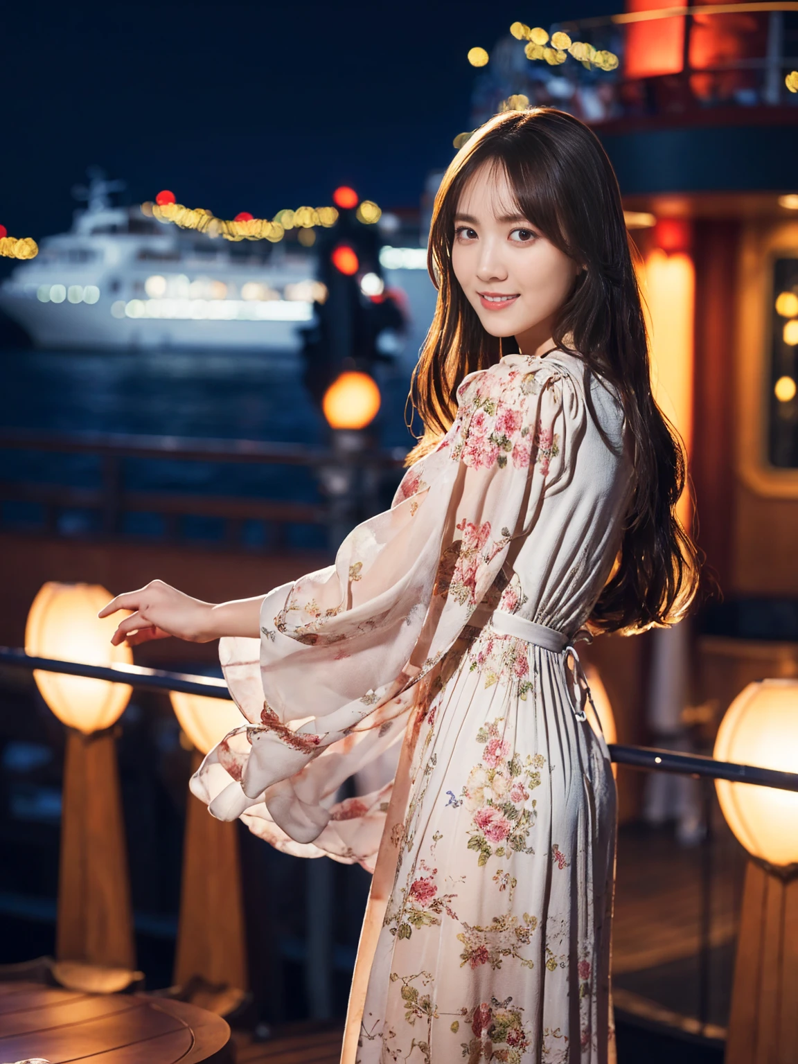 ((Tabletop:1.4, highest quality)), (Realistic photos:1.4),
((1 girl)), (Beautiful actress), (dream-like),
(超High resolution:1.2), Very delicate and beautiful, wonderful, Very detailed CG Unity 8k wallpaper, Very detailed, High resolution,
Soft Light, Beautiful detailed girl, Very detailedな目と顔, Beautiful and exquisite nose, Beautiful and exquisite,
(Long dress:1.3),
Cinema Lighting, Perfect Anatomy, Slender body, Cowboy Shot, Looking at the camera, Old-fashioned smile,
(A glamorous on the deck of a luxury cruise ship:1.3), (Night view), (Night lighting)