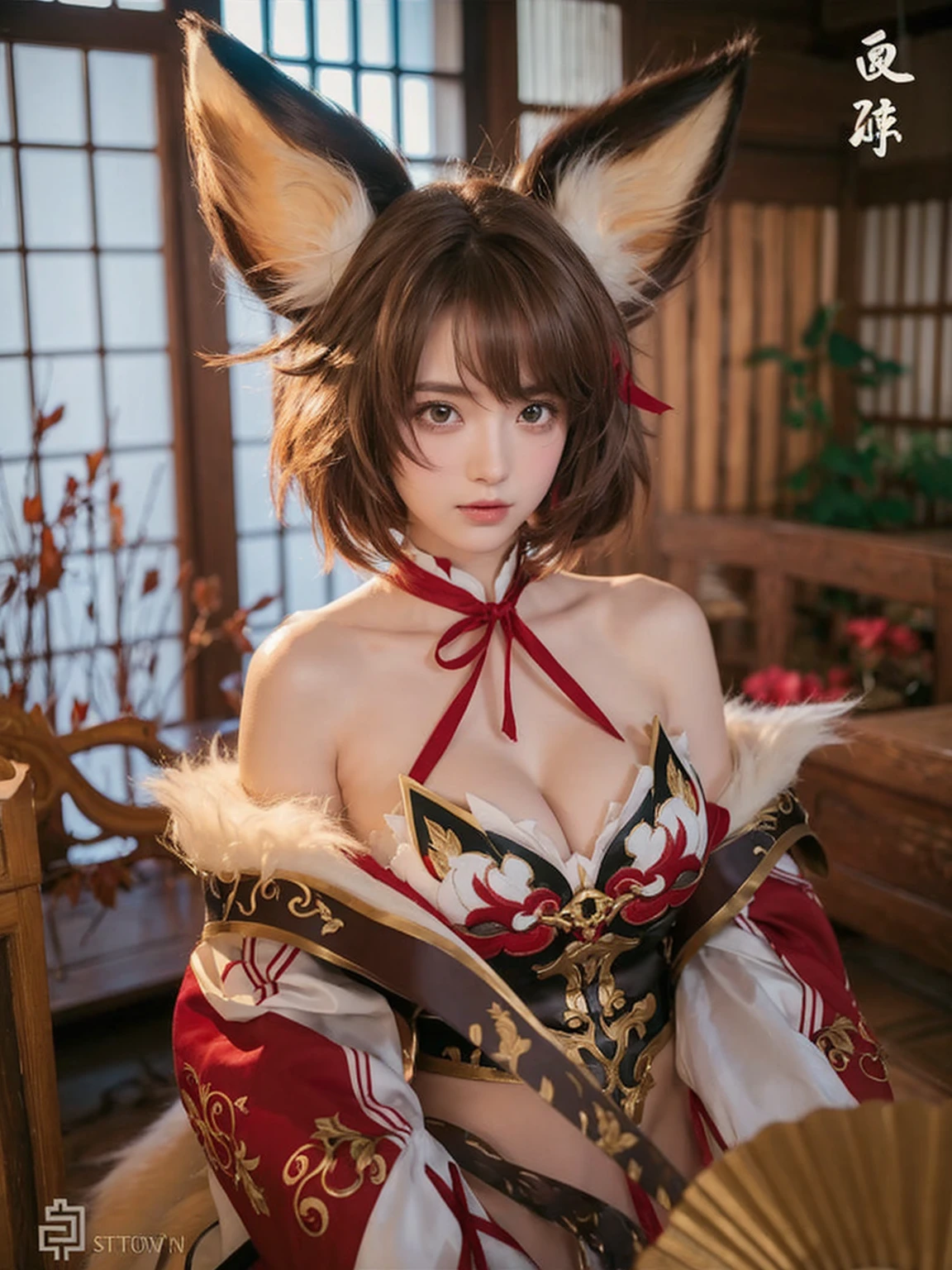 a young woman (larged-size-chest) cosplaying. She has large, fluffy brown and white fox ears, and her hair is short, brown with hints of red, and styled in a slightly messy way that frames her face. Her eyes green color. She wears an intricate costume featuring a mix of red, white, and brown, with golden accents and ornate patterns. The top part of her outfit exposes her shoulders, and a red ribbon ties around her neck. She holds a fan or similar object in her hand, which is partially obscured by her costume. The background consists of a traditional wooden room with large windows, soft lighting, and some decorative elements like wooden furniture and plants. The overall atmosphere is warm