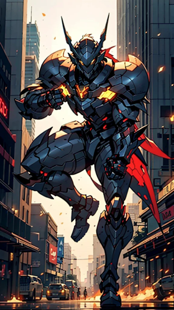 A man wearing a full-face helmet, a fantasy-style biotech armored combat suit, green eyes, (a composite layered chest armor), fully enclosed shoulder guards, matching arm and leg guards, the belt is adorned with dragon claw grasping orbs, (the color scheme is primarily black with red accents), the design balances heavy with agility, a high-tech bio-mecha armor, (dragons concept Armor, stand on the top of a skyscraper in a futuristic sci-fi city), this character embodies a finely crafted fantasy-surreal style armored hero in anime style, exquisite and mature manga art style, (element, plasma, energy, the armor glows), ((male:1.5)), metallic, real texture material, dramatic, high definition, best quality, highres, ultra-detailed, ultra-fine painting, extremely delicate, professional, perfect body proportions, golden ratio, anatomically correct, symmetrical face, extremely detailed eyes and face, high quality eyes, creativity, RAW photo, UHD, 32k, Natural light, cinematic lighting, masterpiece-anatomy-perfect, masterpiece:1.5