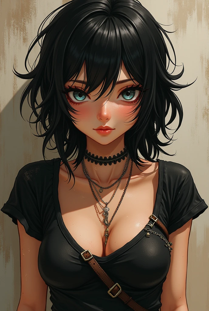(1 girl), medium breast, tan, wet skin, sweaty skin, wavy shoulder length dark hair, punk t-shirt, punk girl