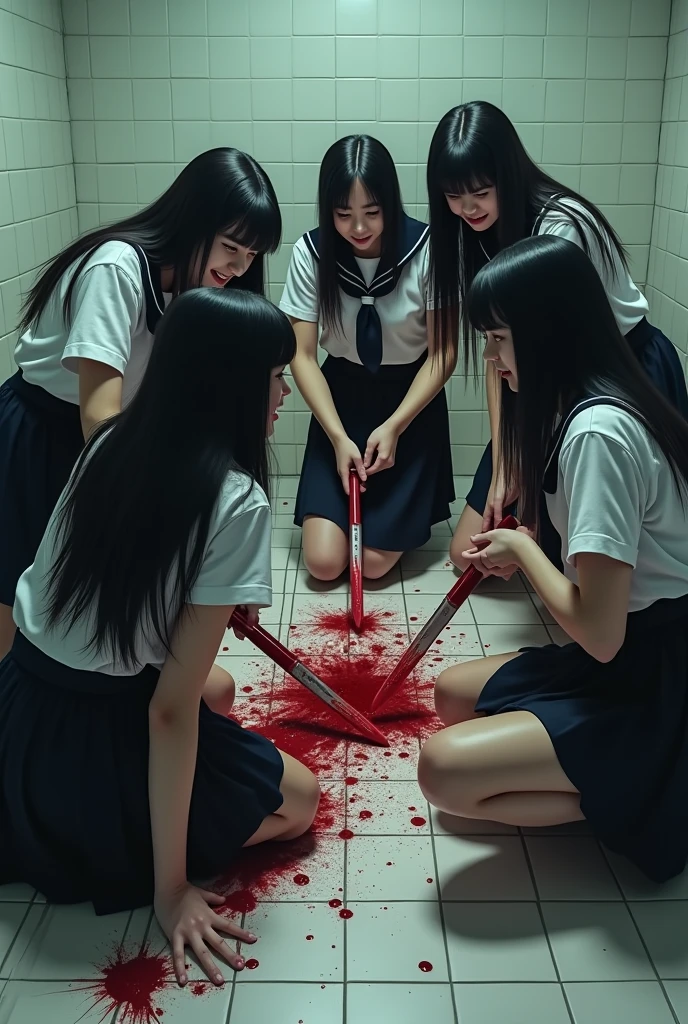 Group of many school girls with long black skirts and long hair crouching over his belly stabbing him on the bathroom floor with knives