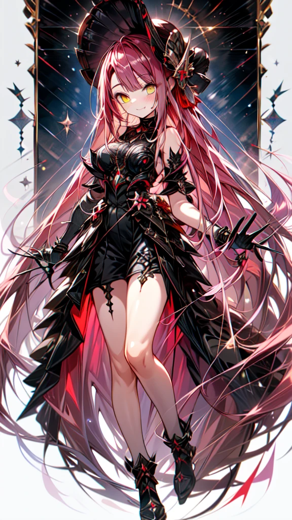 (full body),TYPHON,1girl,yellow eyes,Redee,独奏,very long hair,black dress,blush,elbow gloves,bare shoulders,heterochromia,black sclera,gauntlets,(masterpiece), (Highest quality), High resolution, Intricate details,