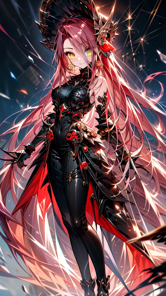 (full body),TYPHON,1girl,yellow eyes,Redee,独奏,very long hair,black dress,blush,elbow gloves,bare shoulders,heterochromia,black sclera,gauntlets,(masterpiece), (Highest quality), High resolution, Intricate details,