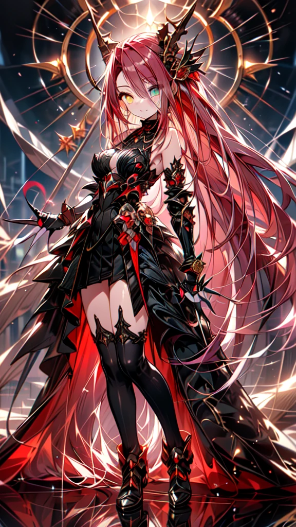 (full body),TYPHON,1girl,yellow eyes,Redee,独奏,very long hair,black dress,blush,elbow gloves,bare shoulders,heterochromia,black sclera,gauntlets,(masterpiece), (Highest quality), High resolution, Intricate details,