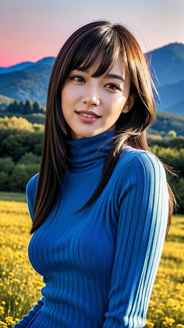 ((masterpiece)), ((Best Quality)), (high quality), ultra high resolution, (High detail), ((intricate detaild)), A woman, solo girl, better lighting, side lighting, natural lighting, High dynamic range, beautiful and aesthetic, (perfect body), ((narrow waist, Wide hips)), sexy smile, looking at the viewer, detailed face, shiny skin, oiled skin, adult girl, A woman, maduro, huge chest, (big chest), good ass, attractive body, the best anatomy, ((rubio, rubio long straight hair with bangs)), (blue eyes), (((Turtleneck Mini Sweater Dress, black long sleeve sweater dress))), standing, seductive, little smile, sexy smile, realist lighting, exterior, afternoon, ((Meadow full of flowers)), ((Beautiful landscape, views of the sky and mountains, red sky in the afternoon, realist background)), face detail, the best background, ((background detail)), ((background realist)), 8k, 16k, the best resolution, Ultra-high detail, the best image, the best image, face detail, detail hands, (detail of arms), ((Detailed anatomy)), the best anatomy, perfect anatomy, (finger detail), finger details, nail detail, body detail, detail footrnas, the face of better proportion, the best arms, (((from the front))), the hands with the best proportion, The best fingers, the best nails, detail foot, perfect nails, nail detail, the best belly button, The best model, ((increase quality)), detail all proportion, intricate detail, best proportion pose, the best arms de proporción, The best fingers de proporción, the best nail proportions, fingers realist, nail realist, arms realist, legs realist, Detailed anatomy, look at the viewer, (realist:1.3), photorealist, Photography, intricate ultra detailed, perfect all proportion, pose sexy, absurd resolution, HdR, arrange , cinematographic film, exclusive, RECRUITMENTS-Set, elegant, vivid color, the best image, realist visual