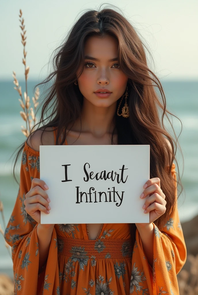 Beautiful girl with wavy long hair, bohemian dress, holding a white board with text "I Love Seaart Infinity" and showing it to the viewer