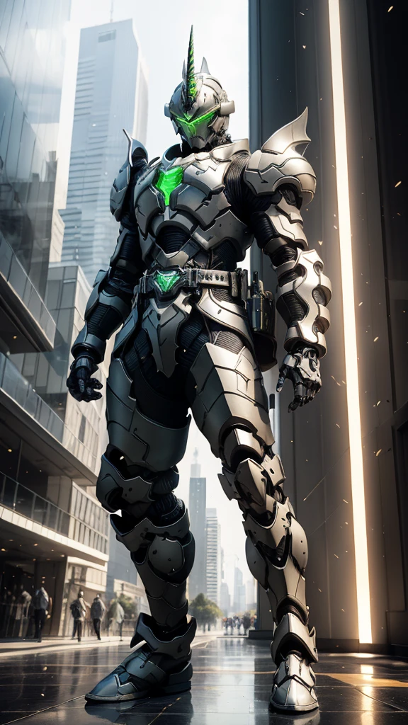 A man wearing a full-face helmet, a fantasy-style biotech armored combat suit, green eyes, (a composite layered chest armor), fully enclosed shoulder guards, matching arm and leg guards, the belt is adorned with Horseshoe-shaped marker, (the color scheme is primarily white with green accents), the design balances heavy with agility, a high-tech bio-mecha armor, (Armor Concept Inspired by Unicorn, stand on the top of a skyscraper in a futuristic sci-fi city), this character embodies a finely crafted fantasy-surreal style armored hero in anime style, exquisite and mature manga art style, (battle damage, element, plasma, energy, the armor glows), ((male:1.5)), metallic, real texture material, dramatic, high definition, best quality, highres, ultra-detailed, ultra-fine painting, extremely delicate, professional, perfect body proportions, golden ratio, anatomically correct, symmetrical face, extremely detailed eyes and face, high quality eyes, creativity, RAW photo, UHD, 32k, Natural light, cinematic lighting, masterpiece-anatomy-perfect, masterpiece:1.5