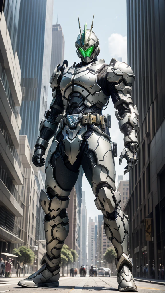 A man wearing a full-face helmet, a fantasy-style biotech armored combat suit, green eyes, (a composite layered chest armor), fully enclosed shoulder guards, matching arm and leg guards, the belt is adorned with Horseshoe-shaped marker, (the color scheme is primarily white with green accents), the design balances heavy with agility, a high-tech bio-mecha armor, (Armor Concept Inspired by Unicorn, stand on the top of a skyscraper in a futuristic sci-fi city), this character embodies a finely crafted fantasy-surreal style armored hero in anime style, exquisite and mature manga art style, (battle damage, element, plasma, energy, the armor glows), ((male:1.5)), metallic, real texture material, dramatic, high definition, best quality, highres, ultra-detailed, ultra-fine painting, extremely delicate, professional, perfect body proportions, golden ratio, anatomically correct, symmetrical face, extremely detailed eyes and face, high quality eyes, creativity, RAW photo, UHD, 32k, Natural light, cinematic lighting, masterpiece-anatomy-perfect, masterpiece:1.5