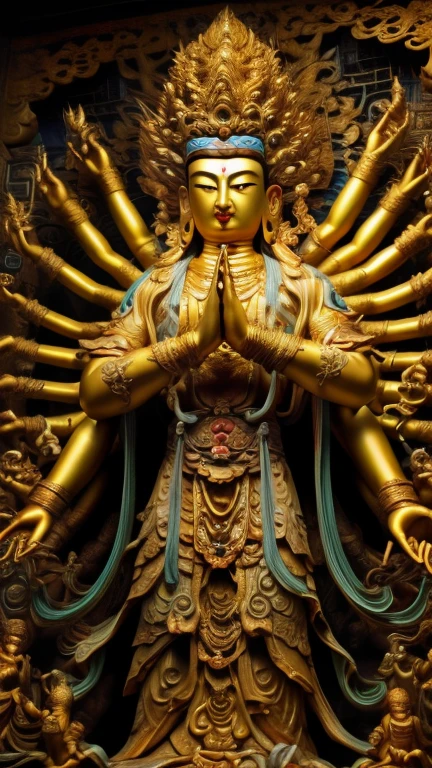masterpiece,Best quality at best,UHD,8k wallpaper,actual,masterious,(realisticlying:1.4),1 Giant men,full bodyesbian, a golden statue of Thousand Hands god, Guan yin style , Multiple hands holding some holly chinese weapons, he is in an ancient style temple , fantastic dunhuang outfits, olot of jewelry detail, holly lighting ,, beautiful face with compassion