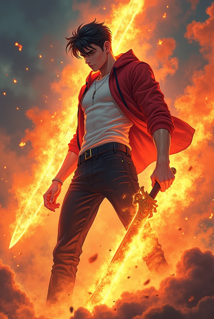 A 19 year old boy with tight fit clothes and flame energy around him holding a fire contructed sword in anime style