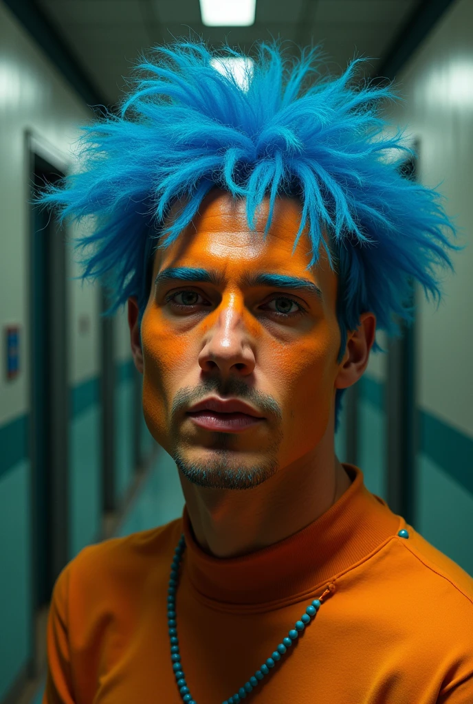Create a man called Paulatejano, orange, with blue hair, face of, in the asylum called the caps